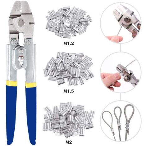 Outil de sertissage de câbles métalliques pour cable métallique jusqu'à 2,2 mm avec 150 manchons de sertissage double barillet en aluminium de 3 tailles