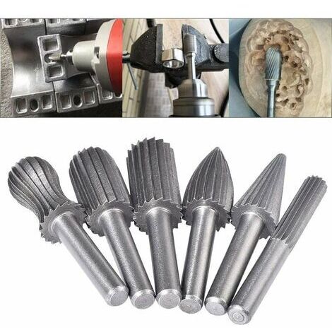 Lot de 6 fraises rotatives en tungstène double coupe 6 mm Queue en tungstène Embouts de limage/gravure/meulage pour outils rotatifs (1/5)