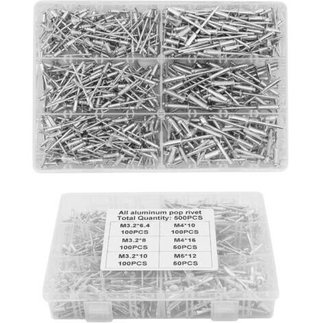Rivets aveugles en aluminium 500 pcs –Assortiment M3.2 M4 M5 –Résistance à la rouille –Pour fixation métal, bois, plastique (1/5)