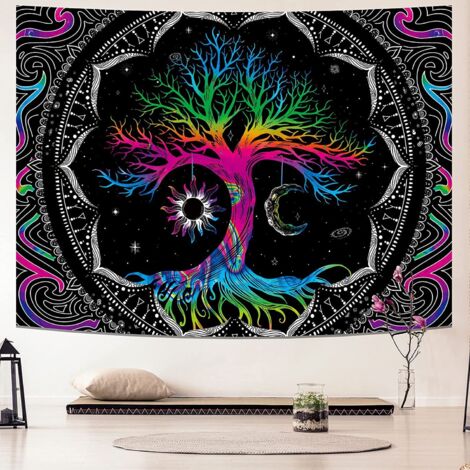 Arbre de Vie Tapisserie Murale Trippy Mandala Soleil et Lune Tapisserie Noir Galaxy Étoiles Tenture Murale Bohème Esthétique Décor À La Maison (1/5)