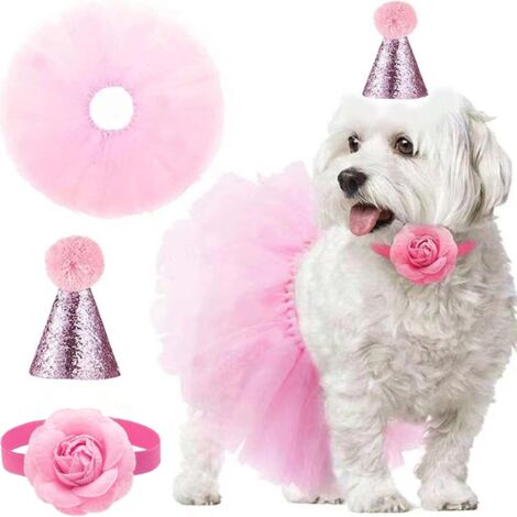 Chapeau d'anniversaire pour animal de compagnie Chien Robe de mariée Fille Costume de chien Tutu à paillettes réglable Noeud Couronne Set Chapeau Cadeau Rose 3 pièces (1/5)
