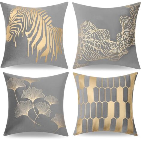Lot de 4 housses de coussin en velours, taies d'oreiller décoratives douces 18 x 18 housses de coussin carrées décor ferme maison chambre (gris) (1/5)