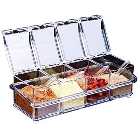 Assaisonnement Box Set, 4 Pièces Condiment Jarres Stockage Conteneurs, Transparent Multifonction 4 en 1 Plastique Boîte d'Assaisonnement Avec Couvercle Et Cuillère pour Épices, Sel, Sucre, Cruet (1/5)