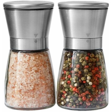 LAN Lot de 2 moulins à sel et à poivre, lot de 2 moulins à épices, taille de grain réglable, salière et poivrière en verre et acier inoxydable brossé avec céramique intégrée 180 ml (1/5)