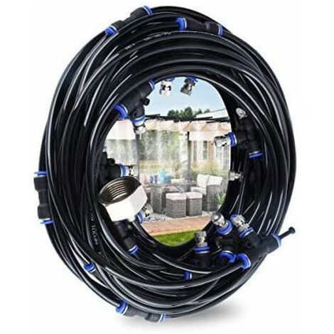 LAN Brumisateur Exterieur, 10M Brumisateur Terrasse avec 9 Buse Brumisateur + 1 Buses de Rechange + 1 Outil de coupe de tuyau Brumisateur pour Patio Jardin Serre Trampoline pour Parc Aquatique (1/5)