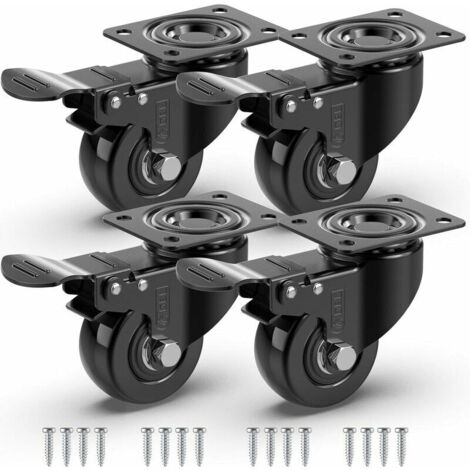 LAN 4 Roulettes Pivotantes Pour Meubles avec Frein + Vis - 50mm Jusqu'à 200KG - Roulette Sans Traces au Sol pour Charge Lourde - Roue en Caoutchouc pour Chariot - Noir (1/5)