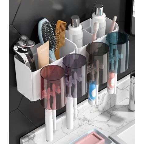 LAN Porte-Brosse à Dents, Porte-Brosse à Dents sans Perçage,Porte Brosse à Dents Adhésif,Multifonction Support de Rangement pour Salle de Bain avec 4 Tasses+ 8 Fentes Têtes de Brosses à Dents Étagère (1/5)