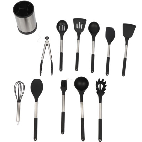 LAN Lot de 12 ustensiles de cuisine en silicone avec poignée, résistants à la chaleur, antiadhésifs, spatule, cuillère, passe au lave-vaisselle, meilleurs outils de cuisine (noir) (1/5)