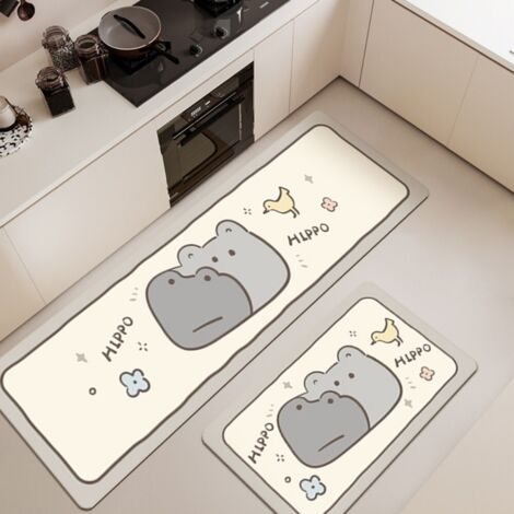 LAN Tapis Mr. Hippo [Absorbant, Antidérapant, Séchage rapide] 40 x 60 cm Terre de diatomées Tapis de sol ménager en terre de diatomées résistante à l'usure, orné d'un joli motif d'animaux de dessin an (1/5)