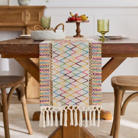 LAN Grille colorée 30x240cm Chemin de table en coton vert à pompons, motif ajouré noué, nappe de cuisine de style campagnard. (1/5)