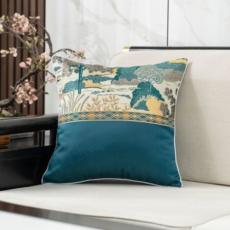 LAN taie d'oreiller simple bleu foncé 45x45 Housse de coussin douce en jacquard à motif paysage pour canapé de salon (1/5)