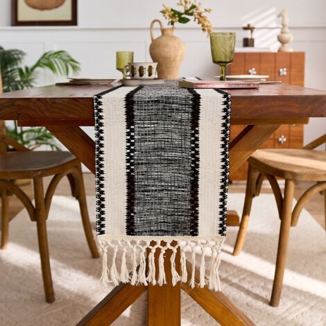 LAN Rayure noire large 30x160cm Chemin de table en coton vert à pompons, motif ajouré noué, nappe de cuisine de style campagnard. (1/5)