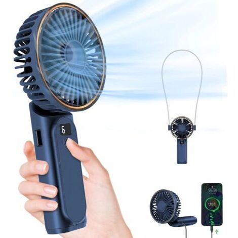 LAN Ventilateur portable pliable, 3600 mAh, réglable à 180 °, 6 vitesses de rotation, rechargeable par USB, avec affichage de la consommation électrique en temps réel (1/4)
