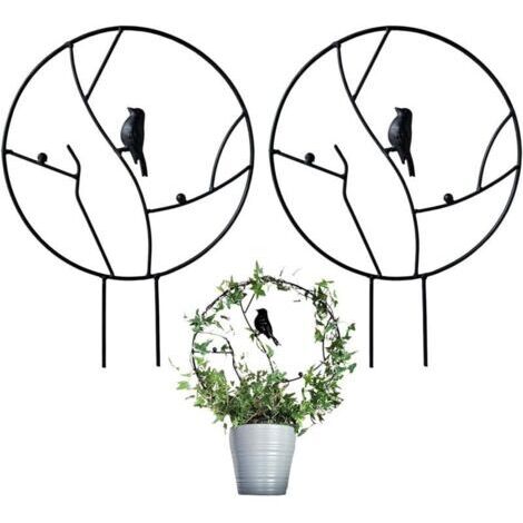 LAN Lot de 2 treillis de jardin en fer pour plantes grimpantes, petit treillis antirouille de 40,6 cm pour plantes d'intérieur en pot, treillis rond avec oiseau – Noir (1/4)