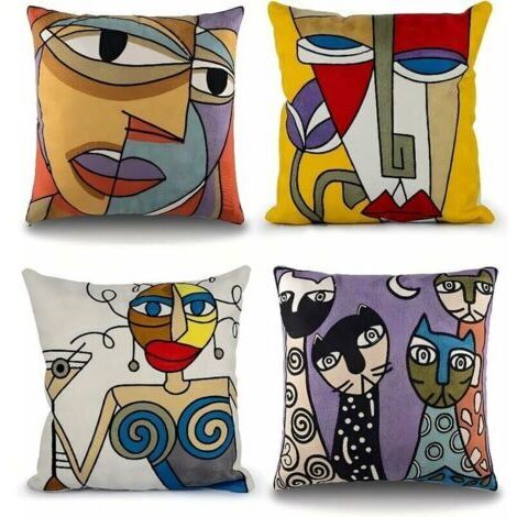 LAN Lot de 4 Housse de Coussin Picasso 45x45 cm Coton Lin Housses Coussins Canapé Décoration Salon Scandinave Chambre Lit Fauteuil de Bureau Design Motif Visage Abstrait Vintage Colorée (1/5)
