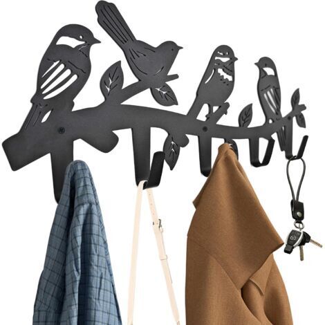 LAN Porte-manteau en forme d'oiseau, décoration murale avec crochets pour manteaux, vêtements, clés et sacs à dos, idéal pour le rangement dans le salon, le couloir ou le bureau (noir). (1/5)