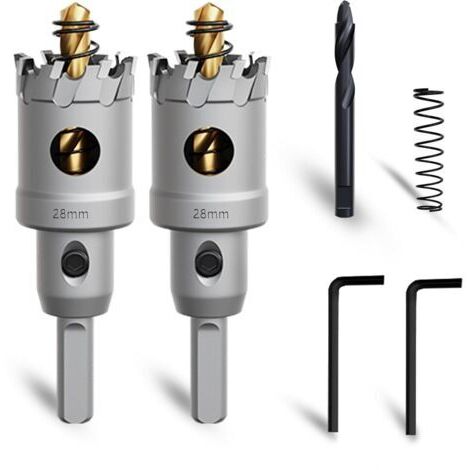 LAN Ensemble de 2 scies cloches en carbure de tungstène de 28 mm avec mèche de guidage nitrurée supplémentaire et clé en L pour l'acier, le fer, l'aluminium et le métal. (1/4)