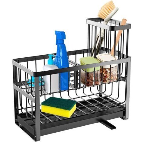 LAN Porte-éponge à deux niveaux pour évier de cuisine, organisateur d'évier en acier au carbone de 23 cm, amovible, avec égouttoir, brosse de nettoyage et support de rangement. (1/4)
