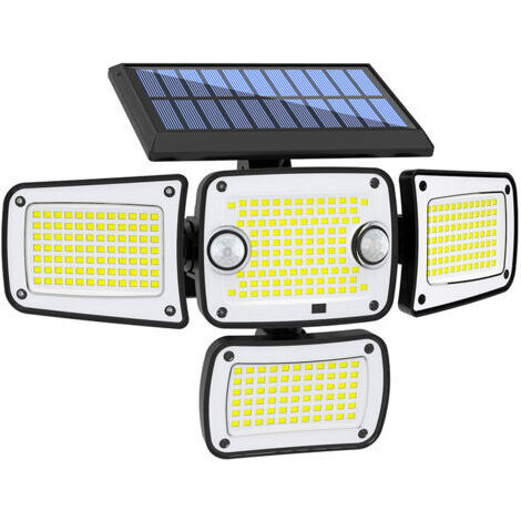 LAN Lampes solaires d'extérieur 342 LED, 4 têtes avec détecteur de mouvement, projecteurs de sécurité alimentés et étanches IP65, appliques murales grand angle 270° pour jardin (1 paquet)
