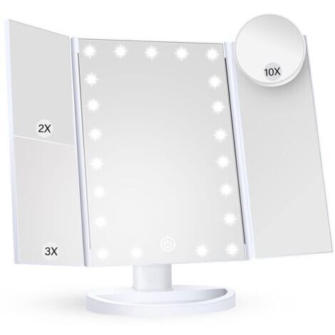LAN Miroir de maquillage avec éclairage, grossissement 2X, 3X, 10X, commande tactile, pliable, blanc, style moderne, montage sur commode, salle de bain (1/4)