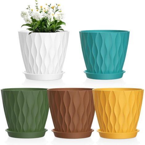 LAN Jardinière de 15 cm, lot de 5, en plastique avec trous de drainage et plateau pour petites plantes succulentes, multicolore. (1/5)