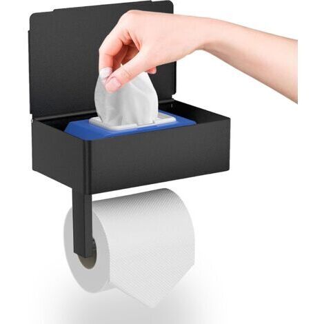 LAN Porte Papier Toilette, Porte Papier Toilette Mural sans Perçage avec Étagères et Boîte à Lingettes Humides, Noir Porte Rouleau Papier Toilette Auto-adhésif pour Toilettes et Cuisines (1/5)