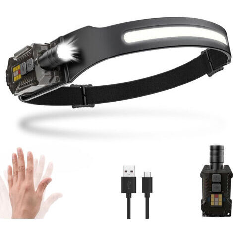 LAN Lampe frontale à LED, zoom 230°, 1500mAh, capteur de mouvement, magnétique détachable, étanche IPX5, pour la pêche et le camping. (1/4)