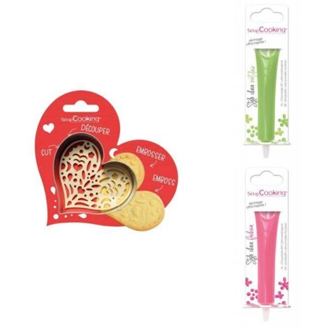 Kit pour biscuit en relief Coeur + 2 Stylos au chocolat vert clair et fuchsia (1/3)