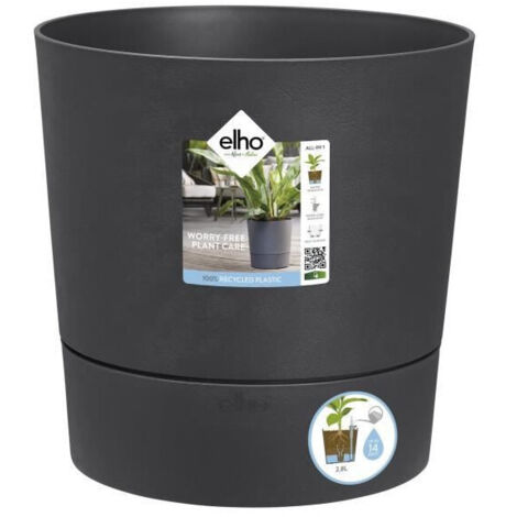 Pot de fleurs rond avec réserve d'eau 15L – Ø 29,5 x H 29,1 cm – Polypropylène recyclé – Système d'arrosage intelligent – Gris charbon – Elho