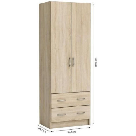 Les Tendances – Armoire classique 2 portes 2 tiroirs – Décor chêne brossé – Dimensions L 61 x P 41 x H 170 cm – Fabrication française