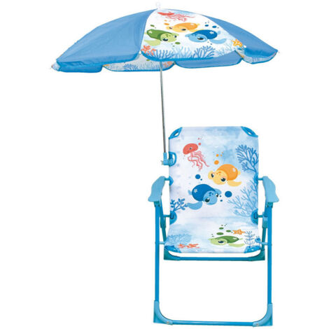 Chaise enfant tortue avec parasol 65 cm – Mobilier de jardin en polyester et acier – Dimensions H.53 x L.38,5 x P.37,5 cm – Fun House