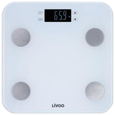 LIVOO DOM427W - Pese-personne impédancemetre - 13 mémoires utilisateurs - 180 kg - Plateau en verre trempé affichage LCD - Bl (1/4)