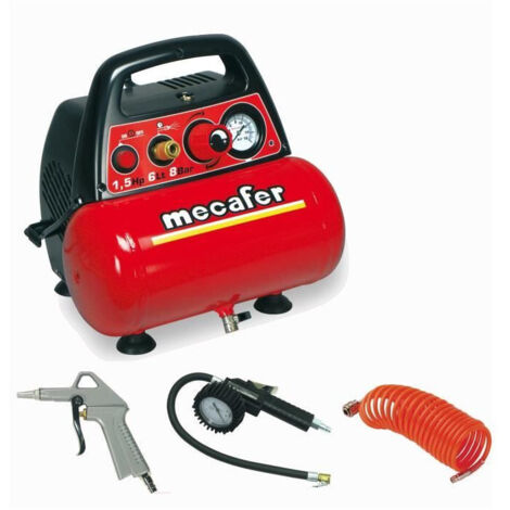 Mecafer – Compresseur d'air 6 L 1,5 CV 8 bar – Débit 180 l/min – Sans huile pour usage occasionnel – Avec 3 accessoires pratiques (1/3)
