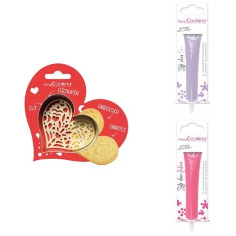 Kit pour biscuit en relief Coeur + 2 Stylos au chocolat lilas et fuchsia (1/3)