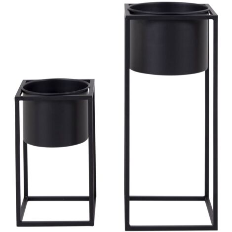 Lot de 2 cache-pots sur pied 17 et 19,5 cm en métal noir (1/5)
