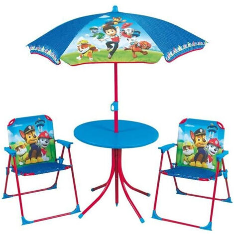 Set de jardin Pat'Patrouille pour enfants – Table ronde 46cm – 2 chaises pliantes – Parasol 125cm – Tissu polyester et structure acier – Cijep