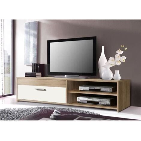 Les Tendances – Meuble TV chêne sonoma blanc 120 cm – 1 abattant et 2 niches pour rangement – Bois aggloméré mélaminé – Design contemporain (1/2)