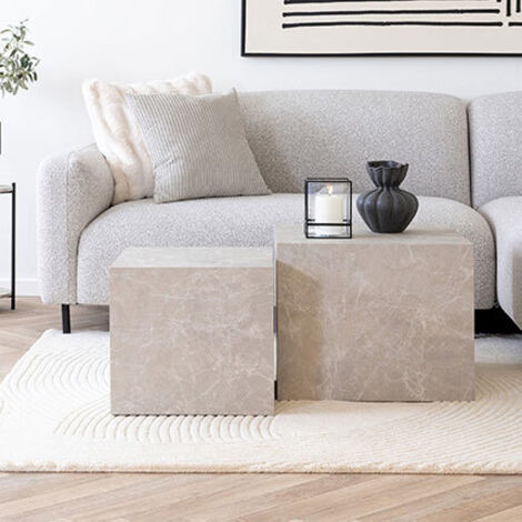 Lot de 2 tables basses carrées 40 et 50 cm – Effet marbre beige – MDF léger et esthétique – Design contemporain pour salon moderne – House Nordic (1/10)