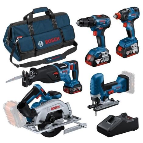 Bosch – Pack de 5 outils électroportatifs 18V – GSR 18V-55, GST 18V-125 S, GKS 18V-57-2, GSA 18V-28, GDX 18V-200 – 3 batteries 4.0Ah et sac de transport (1/5)