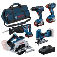 Bosch – Pack de 5 outils électroportatifs 18V – GSR 18V-55, GST 18V-125 S, GKS 18V-57-2, GSA 18V-28, GDX 18V-200 – 3 batteries 4.0Ah et sac de transport