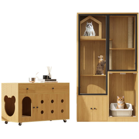 Villa pour chat + meuble pour bac à litière, ensemble de mobilier pour animaux, maison pour chat en verre, meuble pour litière, mobilier adapté à plusieurs chats, couleur érable jaune (1/5)