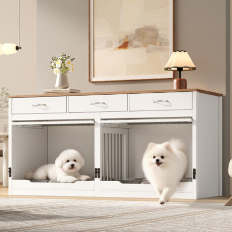 Cage pour chien en bois et métal, cage pour chien, pour 2 chiens, niche d'intérieur, couvercle rabattable, cloison amovible, 3 tiroirs, blanc + aspect bois, XXL, 164 × 60 × 81 cm