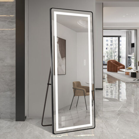 Miroir vertical en pied de 163 × 54 cm avec éclairage LED, miroir de sol éclairé avec support, miroir mural à intensité variable doté d'un cadre fin en alliage d'aluminium sur toute la hauteur, noir (1/5)