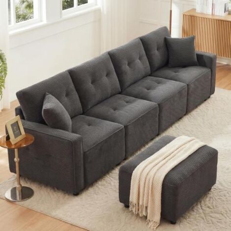 Canapé droit 4 places en velours côtelé avec rangement sous les assises, comprenant un pouf à disposer librement. Couleur : gris, dimensions : L 280 x P 146 x H 85 cm.[9905] (1/5)