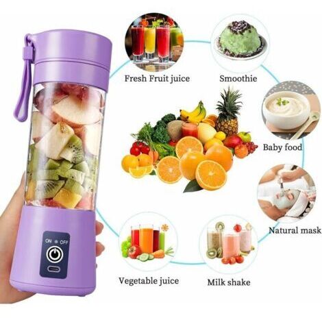 Blender électrique portable 380 ml – 6 lames en acier inoxydable – Moteur puissant pour smoothies et shakes – Rechargeable USB
