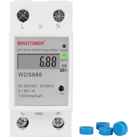 Compteur d'électricité monophasé intelligent WDS688 avec connexion Wi-Fi, application mobile et rail de montage, multifonctionnel pour usage domestique, 5-60 A, 230 V (1/5)