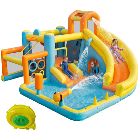 Château gonflable pour enfants, parc aquatique, toboggan, piscine, château gonflable aquatique, aire de jeux aquatique d'extérieur pour enfants, avec soufflerie, dimensions gonflées : 405 × 416 × 218 