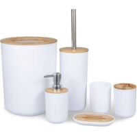 Set Accessoires Salle de Bain, 6 Pièces Accessoire pour Salle en Bambou avec Distributeur Savon, Porte Brosse à Dents, Brosse Toilettes WC, Porte Savon, Poubelle(40L) et Gobelet Brosse à Dent