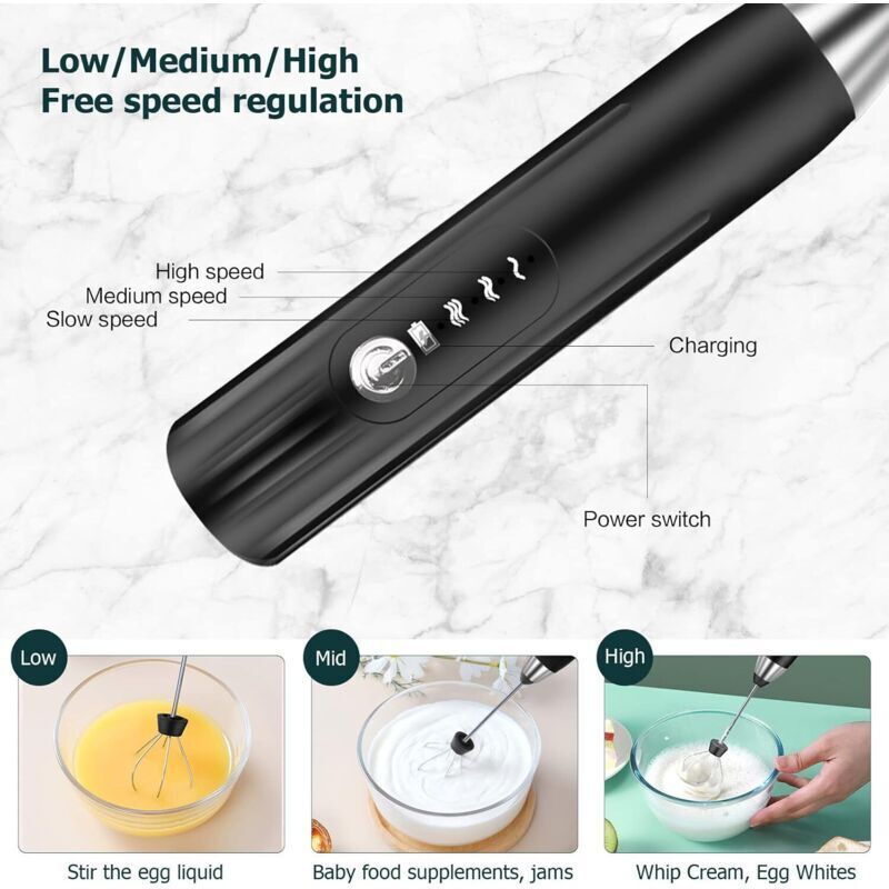 YUSWKO Mousseur à lait portable pour café, fouet électrique rechargeable avec 3 têtes 3 vitesses mélangeur de boissons mousseur à café pour latte, cappuccino