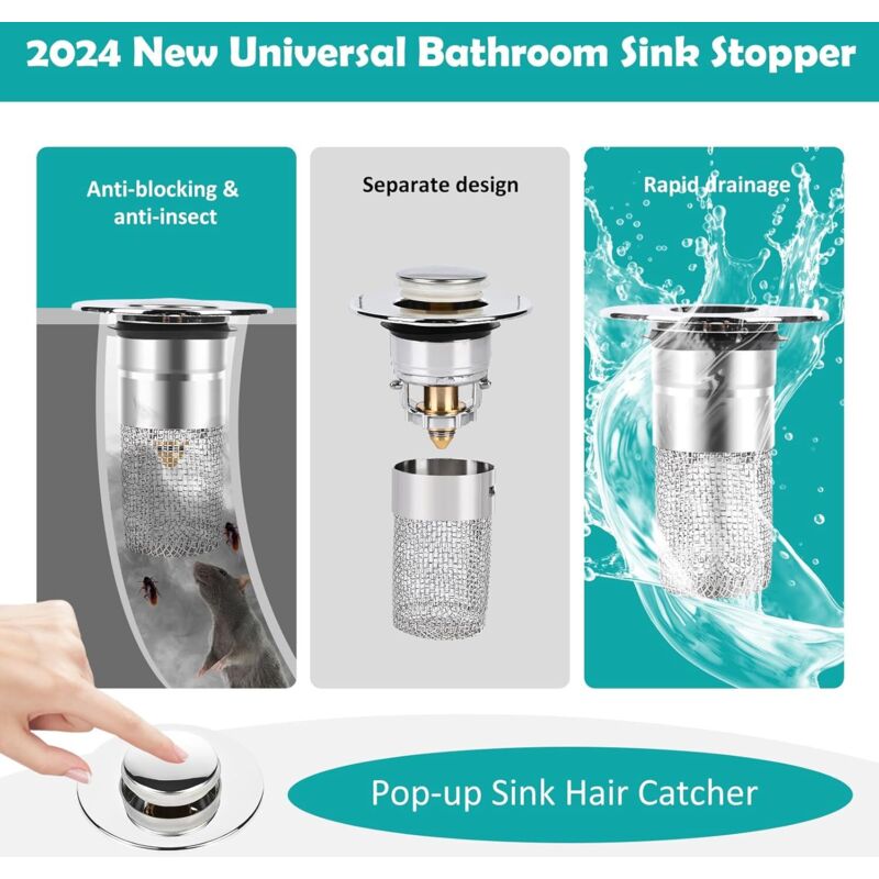 Bächlein Bouchon Lavabo Universel Pop-Up Chromé 40mm Avec Filtre Anti-Cheveux